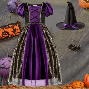 Girls Halloween Cosplay Dress Children's Purple Black Witch Costumes Dresses Kleding Kinderwitten Kostuums met hoed voor Halloween's feesten