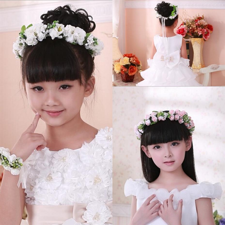 Kızların Baş Parçaları Çocuk Kız Çiçek Kafa Bandı Bilezik Güzel Floral Çelenk Düğün Saç Mücevher Takı Bilekliği Pembe 3079