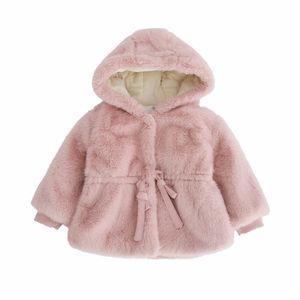 Veste en peluche à capuche pour filles Enfants chauds pour enfants Garçons Vêtements d'hiver pour bébés Manteau moelleux en plein air Cravate Bow 211204