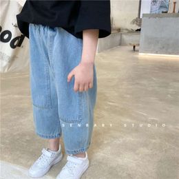 Meisjes jeans herfst 2021 nieuwe kinderen pure kleur eenvoudige casual Koreaanse losse katoenen denim-lengte meisjes broek L2405