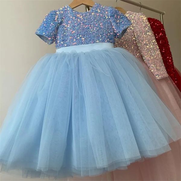 Girls Kid Robe for Elegant Wedding Christmas Party Gowny Blow Enfants Sequin Tulle Princess Robes Pageant Vestidos formels 240418