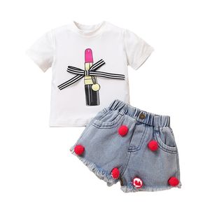 Conjuntos de ropa para niñas y niños, camiseta de lápiz labial con lazo de manga corta a la moda de verano + pantalón vaquero corto 2 unids/set, ropa para niños M4099