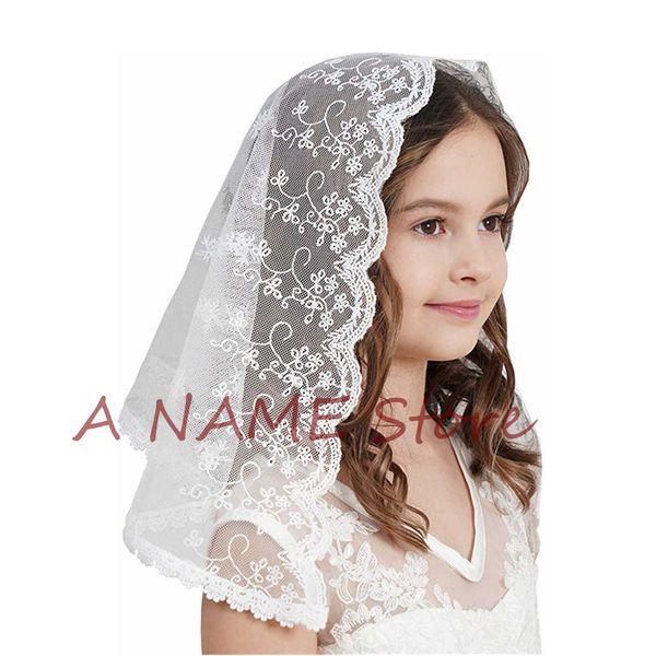 Niñas Niños Primera Comunión Velos Encaje francés Cabeza que cubre Mantilla Iglesia Velo Headwrap Flowergirl Encaje Velo Floret Edge MK2005 X0726