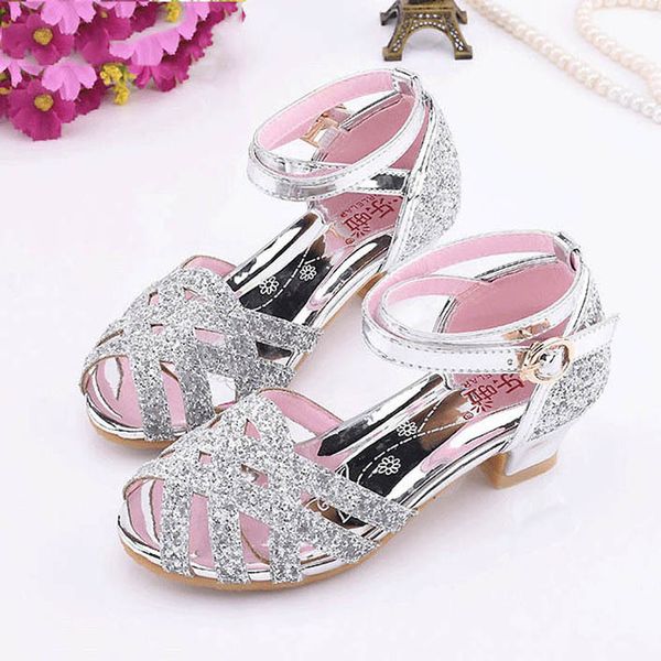 Filles enfants paillettes sandales nouveauté carré haut talon chaussures habillées bout ouvert papillon perles princesse chaussures 26-37