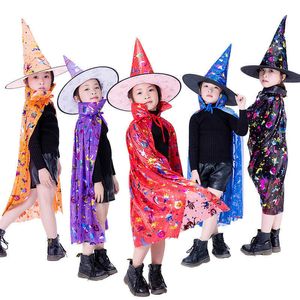 Meisjes Kinderen Halloween Kostuum Heks Wizard Cloak Cape Top Puntige Hoed Set Cosplay Party Magic Wands Kinderen Jongens Tovenaar Outfit Q0910