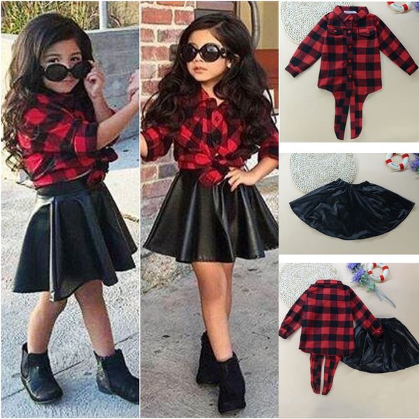 Filles Enfants Princesse Mode Plaid Tops Chemise Jupe En Cuir Tenues D'été Vêtements De Mode Vente Chaude Top Costumes Ensembles De Vêtements