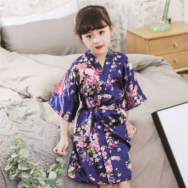 Filles kimono yukata japonais style traditionnel en soie pamas floral peignoir enfants été loisir asiatique loisir nappe de nuit l2405