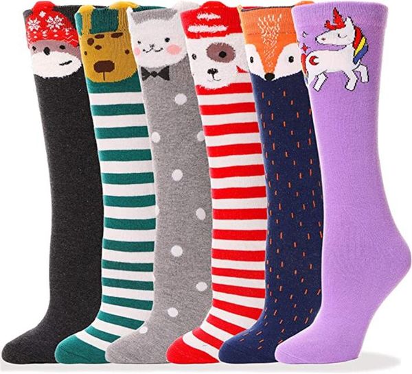 Calcetines largos hasta la rodilla para niñas, 6 pares, calcetines divertidos para niños, calcetines altos con animales divertidos y divertidos 8515894