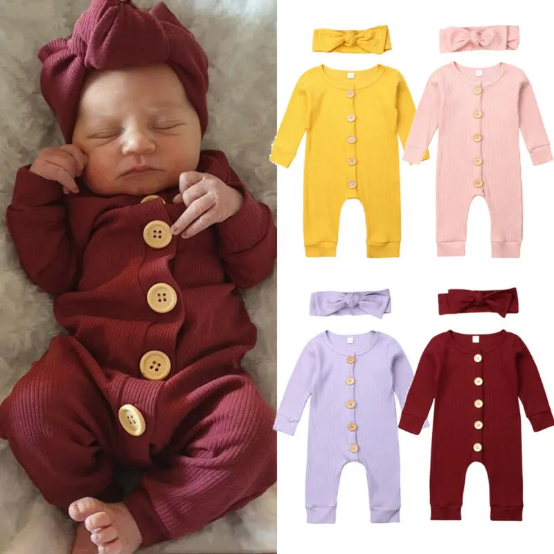 Girls Knitted Solid Jumpsuit Autumn Baby Clothes Boys Long Sleeve Rompers Headband Kids Outfits Girl 2PCS Set Newborn Rompers