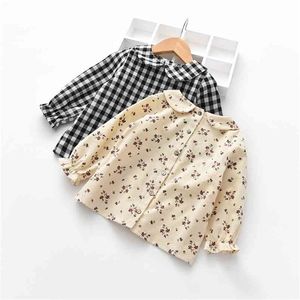 Meisjes Koreaanse Plaid Floral Shirt Baby Herfst Revers Katoen Lange Mouwen Fashion Blouse 210625