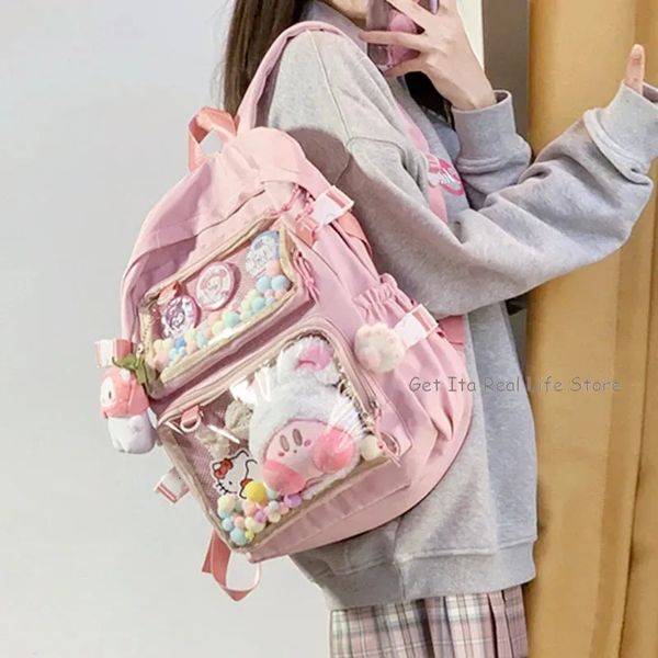 Girls grande école rose pose sac à dos avec deux poches transparentes pour la broche affichage des femmes big kawaii sac insert plaque H221 231222