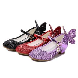 Filles cuir paillettes pour enfants papillon haut talon princesse étincelant avec des chaussures de danse de lumière 210306