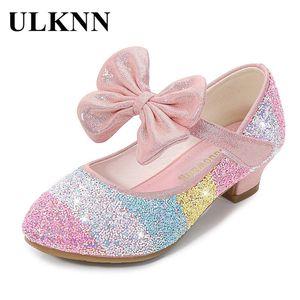 Zapatos de cuero de las niñas Princess Niños redondo Soft-Sole Big Girls High Heel Crystal 220225