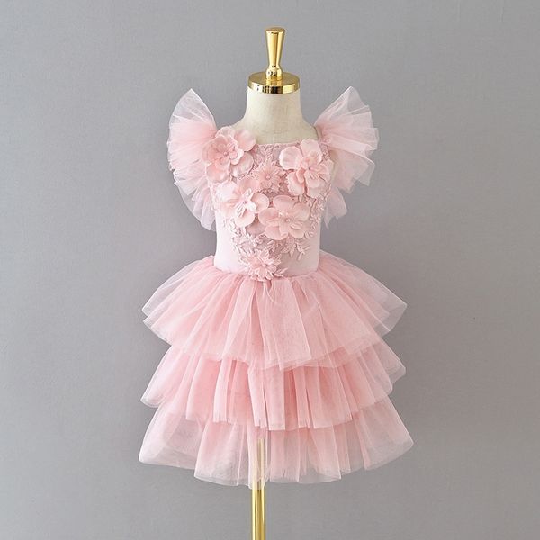 Filles Belle Rose Fleurs Applique Robe pour Enfants Boutique Printemps Été Tutu Enfants Robe D'anniversaire Vêtements Outfit 210529