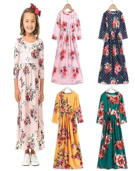 Girls Maxi Robe Floral Dots Imprimé décontracté 34 manches manches Empire Robe avec poches Kids Bohemian Beach Long Tift pour 512T Q014509628