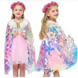 Girls Mermaid Cosplay Poncho Rainbow lovertjes Leuke Princess Cloak Dance Performance Kleding Kids Wedding Party Kerstpasme Kostuum