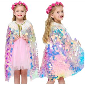 Girls Mermaid Cosplay Poncho Rainbow lovertjes Leuke Princess Cloak Dance Performance Kleding Kids Wedding Party Kerstpasme Kostuum