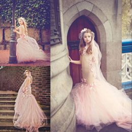 Meisjes Mermaid Pageant Jurk Couture Lange Mouwen Appliuqe Bloem Meisje Jurk voor bruiloften Puffy Tulle Long Trein Verjaardag Jurk Rode Tapijt Dres