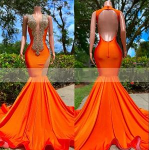 Filles orange noire sirène longue robes de bal cristales en perles robin de soirée profonde V