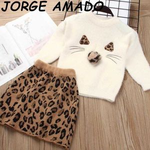 Trajes para niñas Ropa de otoño para suéter de punto + Falda de leopardo de lana de visón Niña 2 piezas Conjuntos E21279 210610