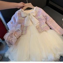 Meisjes outfits set herfstveer kinderen jassen mesh jurk Korean verjaardagsfeestje kinderen kleding pakken prinseskleding 2 stks 2 7y 231221