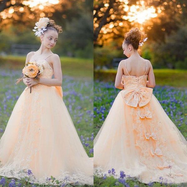 Vestidos del desfile de las muchachas 2017 Apliques de encaje de espagueti de tul naranja claro Cuentas Arco Vestidos de las muchachas de flor para bodas por encargo EF6146