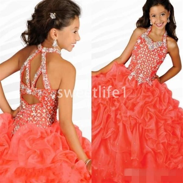 Filles Pageant Robes Magnifique Halter Neck avec Strass Pastèque Ruffles Organza Ritzee Filles Party Ball Gowns231d