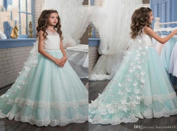 Vestidos de concurso para niñas Apliques de encaje verde menta 3D Butterfly Floral Srash Crystal Beads Long Tulle Kids Flower Girls Vestido 4636540