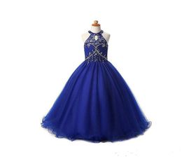 Girls Pageant Robes Taille 10 Royal Blue Tulle Aline Halter perle Real Pictures Long Longueur Kids Flower Girl Girl Party Gowns 29731496