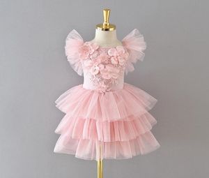 Robe de soirée pour filles, en dentelle perlée, à volants, manches volantes, tutu en tulle, à plusieurs niveaux, robe de gâteau en tulle, robes de princesse pour enfants, 20211778882