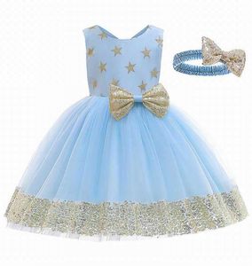 Meisjes feestjurk ster pailletten mouwloze verjaardag prinses met gratis hoofdband babykleding D0619 210610