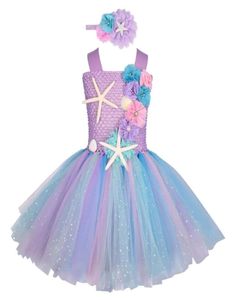 Robe Tutu sirène pastel pour filles, Costume de fête d'anniversaire sur le thème de la mer, avec bandeau fleuri, robes à fleurs d'océan, 112 ans 2104022524024