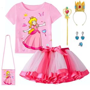 Girls Peach Princess Tutu Jupe Set Clothes Pink T-shirt + jupe + sac 3pcs SUPER SUPR BRO ENFANTS COSPlay Costume fête anniversaire l2405