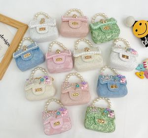 Bolsos de cadena de perlas para niñas, diamantes de imitación para niños, corona, apliques de flores de zorro, bolso de hombro individual, bordado de encaje, bolsos cruzados de princesa Z6099