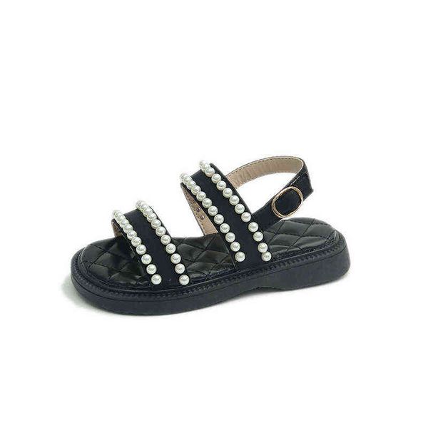 Niñas perlas dulces sandalias 2022 verano versión coreana sólido negro suela suave ligero Retro princesa playa zapatos versátil nuevo G220523