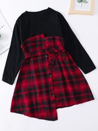 Girls Plaid Print Asymmetrical Sembleed 2 in 1 jurk zij