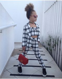 Meisjes Plaid Suits Meisjes Drie-Passen Kids Mode Open Stitch + Korte Tops + Broek Kinderen Lattice Print Kleding Past Fashion Sets