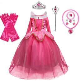 Girls Princesse Cosplay Sleeping Beauty Aurora Costume Kids Halloween Carnival Birthday Party Robes roses enfants Belle vêtements 240417