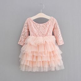 Meisjes prinses jurken nieuwe meisjes jurk kinderen kanten lange mouw tule tutu jurk meisjes terug v-hals bogen riem lange jurk kinderen feestkleding