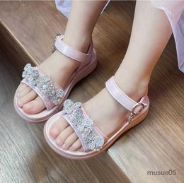 Girls Princess Sandals Zomer Nieuwe Baby Pearl Rhinestones Single Leather Fashion Non-Slip Flat Children's Shoes