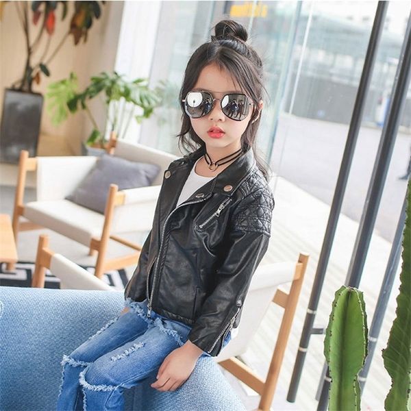 Girls Pu Jacket Spring Automne En Children's Moto Cuir 1-7 ans Mode Couleur Diamant Diamant Coucheuse Coffret Cool Lj201125