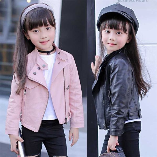 Filles Pu Zipper Vestes Cool Veste pour fille 3-12 ans Enfants Manteaux à col classique Teen Coupe-vent Vêtements Vêtements d'extérieur pour enfants 211011