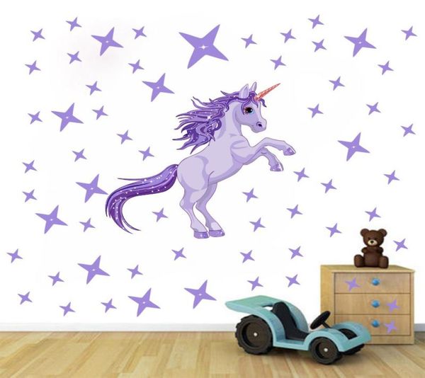 Autocollant Mural violet pour filles, autocollant artistique personnalisé licorne pour chambre de princesse, autocollant Mural pour chambre à coucher et pépinière, étoiles et animaux, 3689580