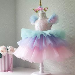 Girls Rainbow Unicorn Princess Dress Cake Couches de bal robe de bal tutu pour enfants Enfants Mariage en soirée Fête formelle Pageant Vestidos