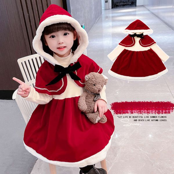 Robe de princesse de noël rouge pour filles, vêtements pour enfants à la mode, châle avec velours, pour l'automne et l'hiver, nouvelle collection 2023