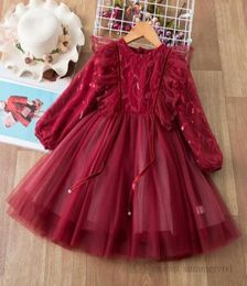 Meisjes rode kanten tule jurken kinderen gaas pailletten borduurwerk falbala vlieg mouw prinsessenjurk kerst kinderfeestkleding Q225797925