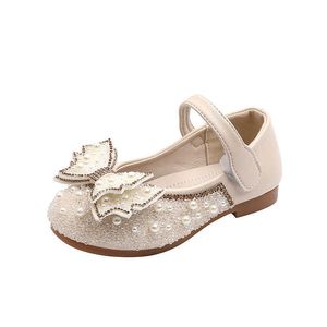 Zapatos de cuero con diamantes de imitación para niñas, otoño 2021, nuevos zapatos para niños, zapatos de princesa con lazo para niñas, zapatos planos dulces con perlas de lentejuelas, moda X0703