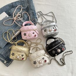 Girls Rhinestones Parels Applique Bucket Handtassen Kinderen Diamantrooster gewatteerde één-schouderzakken kinderen metalen ketting messenger boxtas z7444