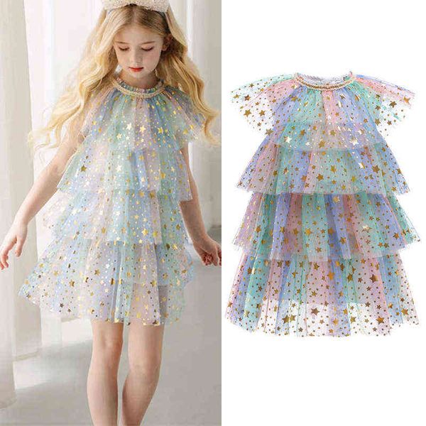 Filles À Volants Princesse Robe Dentelle Tulle Étoiles Paillettes Moelleux Robe Pour Enfants De Mariage Formelle Fête Tutu Robes Enfants Fée Vêtements G220518