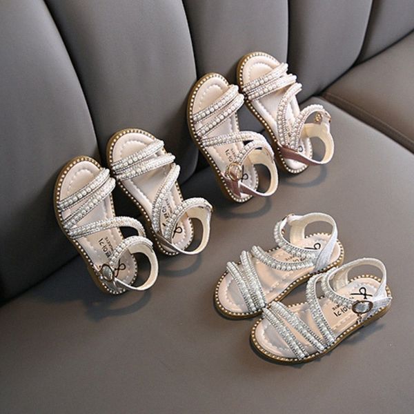 Girls Sandals Enfants d'été dames perl Princess Shoes Toddler Youth Performance Chaussures rose Golden 21-36 P3MR #